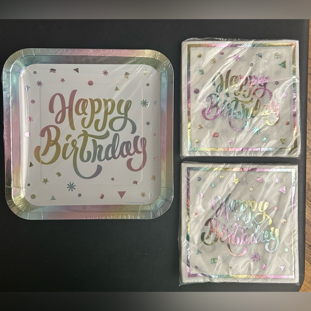Happy Birthday Party Set | 8 Plates + 32 Napkins | Pastel Rainbow Foil Design |